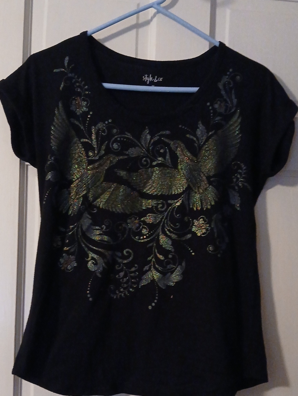 Stylish Black Women's Graphic Tee with Gold Accent - Style & Co.